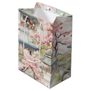Bolsa De Regalo Mediana Acuarela de la pagoda asiática en medio de flores
