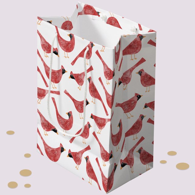 Bolsa De Regalo Mediana Acuarela de pájaro cardinal festivo (Fun and festive Christmas Holiday Cardinal bird red and white watercolor gift bag)