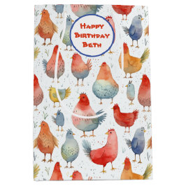 Bolsa De Regalo Mediana Acuarela de pollo Añadir nombre Cumpleaños