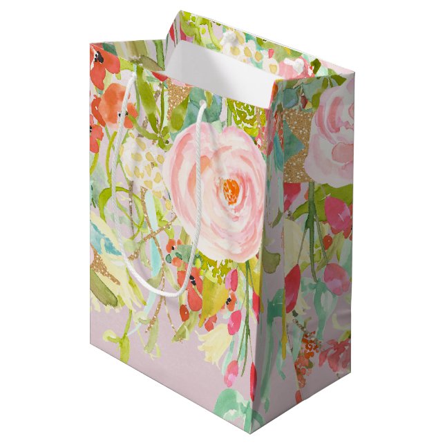 Bolsa De Regalo Mediana Acuarela floral rosada del jardín (Angulo Anverso)