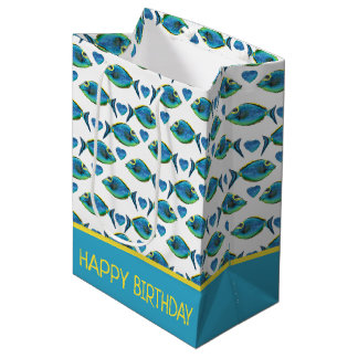 Bolsa De Regalo Mediana Acuarela Pescado y Corazón Azul Tropical