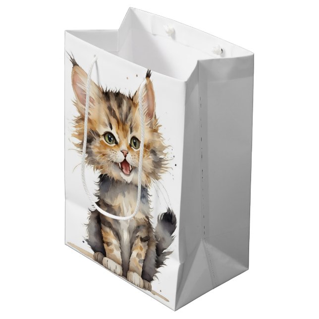 Bolsa De Regalo Mediana Acuarela Tabby Kitten Para El Cumpleaños (Angulo Anverso)