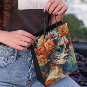 Bolsa De Regalo Mediana Acuarela vibrante Dia de los Muertos Catrina