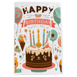 Bolsa De Regalo Mediana Adorable Cumpleaños Feliz Torta y Oso