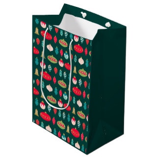 Bolsa De Regalo Mediana Adornos de garabato retro en rojo verde rosa dorad