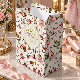 Bolsa De Regalo Mediana Adornos Navideños Vintage Rosados Rojos Personaliz