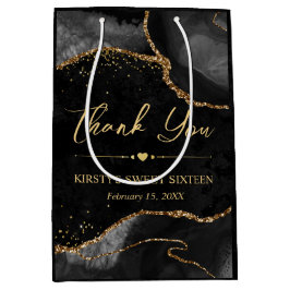 Bolsa De Regalo Mediana Ágata de purpurina falsa negra y dorada Sweet 16