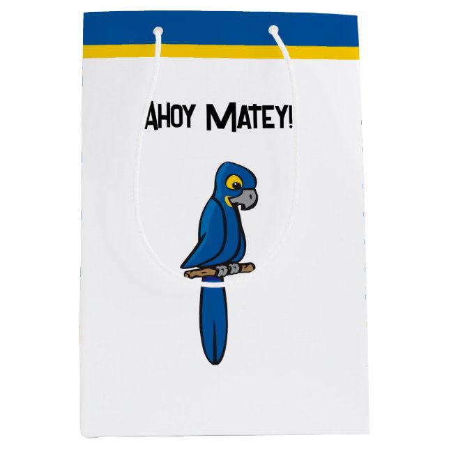 Bolsa De Regalo Mediana Ahoy Matey Pirate Parrot Cartoon, Funny Macaw Bird (Anverso)