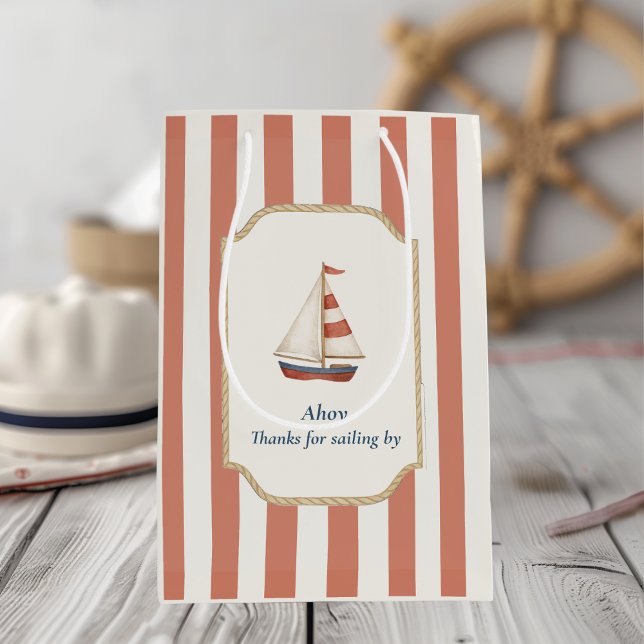 Bolsa De Regalo Mediana Ahoy Nautical Birthday | Bandas rojas y velero (Subido por el creador)