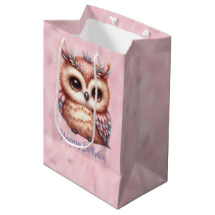 Bolsa De Regalo Mediana Alegre búho marrón rosado en rosa brillante