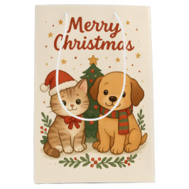 Bolsa De Regalo Mediana Alegría Navideña de Cachorro y Gatito