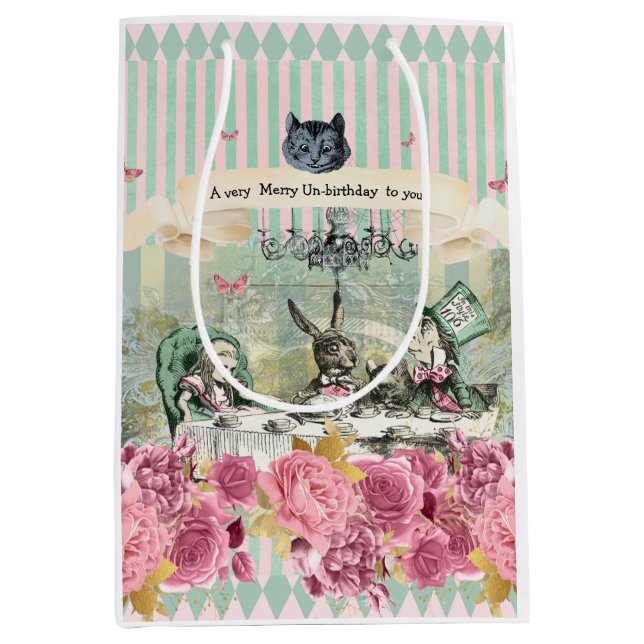 Bolsa De Regalo Mediana Alicia caprichoso azul estriado floral uncumpleaño (Anverso)