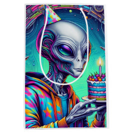 Bolsa De Regalo Mediana Alien sostiene pastel de cumpleaños