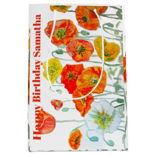 Bolsa De Regalo Mediana Amapola de flor de acuarela naranja roja Cumpleaño