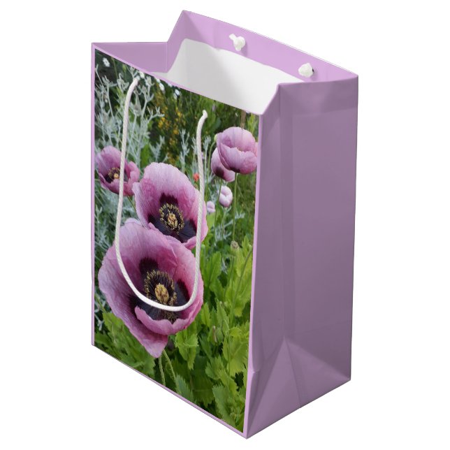 Bolsa De Regalo Mediana Amapolas Rosa Púrpura Malva Morado Acuarela Medio (Angulo Anverso)