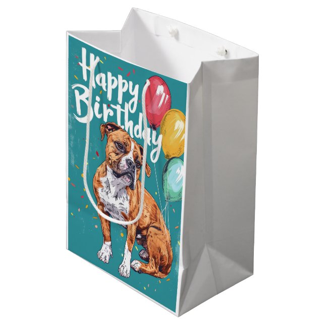 Bolsa De Regalo Mediana American Staffordshire con Globos Cumpleaños (Angulo Anverso)