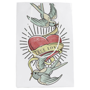 Bolsa De Regalo Mediana Amor verdadero Aves de tatuaje vintage con coraz