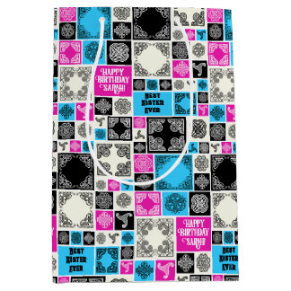 Bolsa De Regalo Mediana Añadir nombre y relación cumpleaños magenta y azul