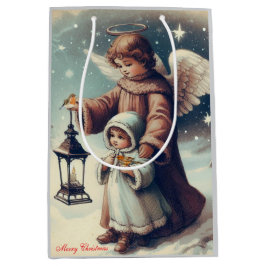 Bolsa De Regalo Mediana Ángel de Navidad vintage, niño y pájaros