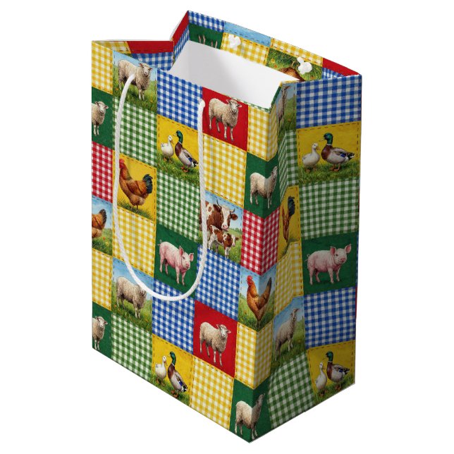 Bolsa De Regalo Mediana Animales de granja y edredón de patchwork de gingh (Angulo reverso)