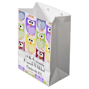 Bolsa De Regalo Mediana Aniversario - búhos coloridos - púrpura azulverd