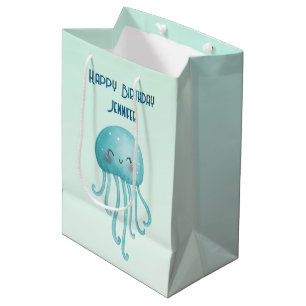 Bolsa De Regalo Mediana Aniversario de la medusa azul-verde dulce y divert
