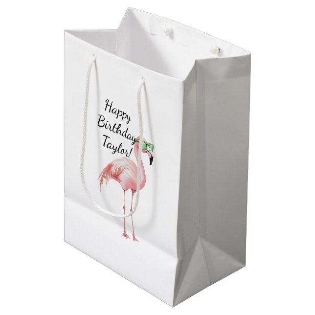 Bolsa De Regalo Mediana Aniversario del Flamingo Rosa Verde (Angulo Anverso)