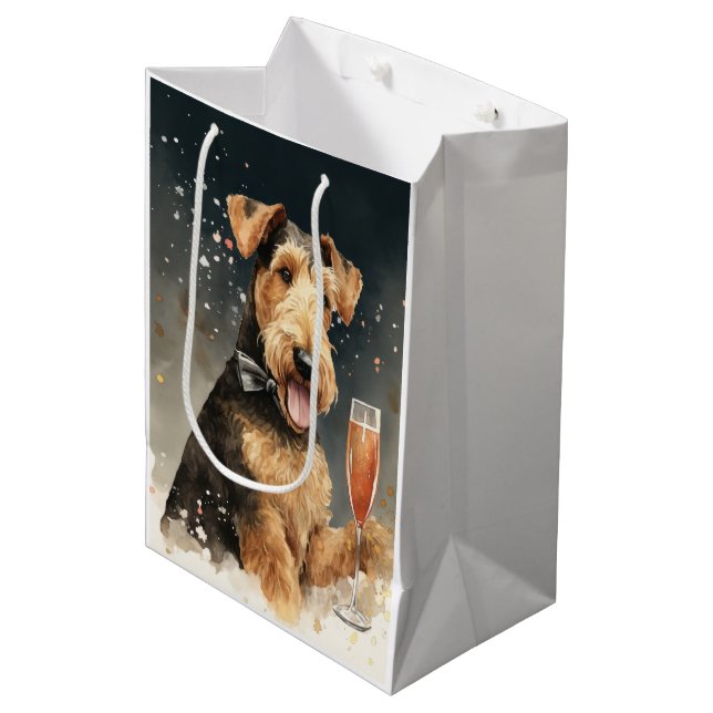Bolsa De Regalo Mediana Año Nuevo Airedale Terrier (Angulo Anverso)
