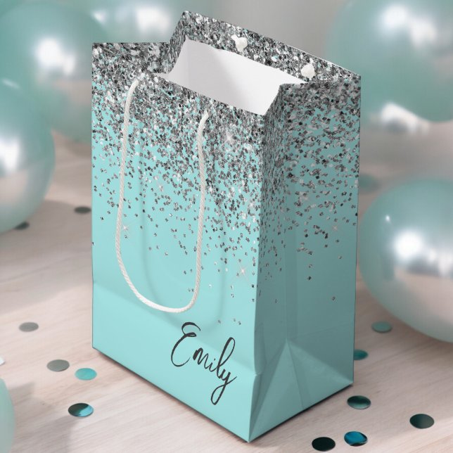 Bolsa De Regalo Mediana Aqua Azul Plateado Glitter Monograma Femenina (Subido por el creador)