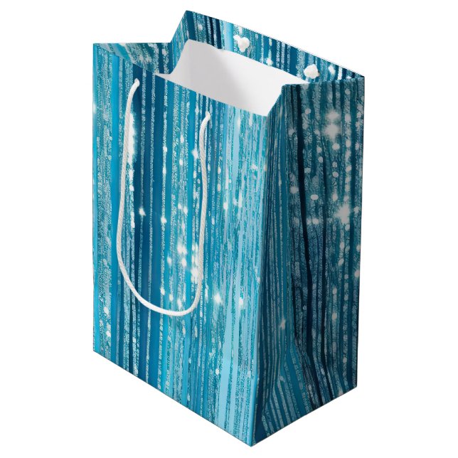 Bolsa De Regalo Mediana Aqua Blue Glam Tinsel Stripes (Angulo Anverso)