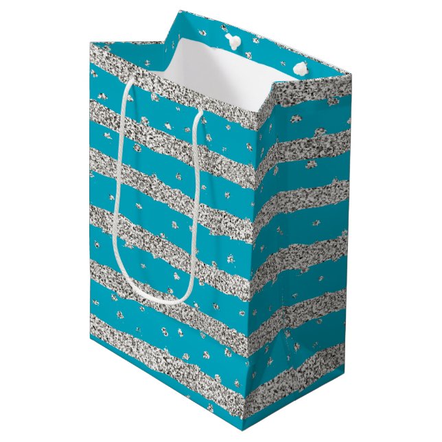 Bolsa De Regalo Mediana Aqua Blue Silver Sparkly Confetti Stripes (Angulo Anverso)
