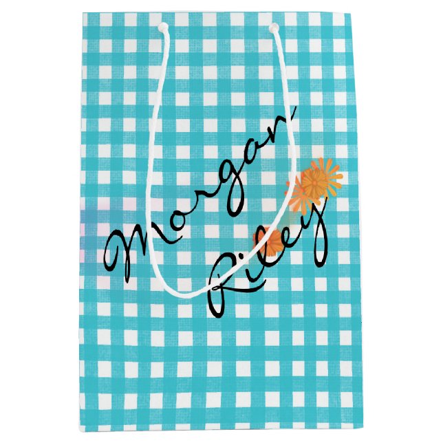 Bolsa De Regalo Mediana Aqua gingham y flores (Anverso)
