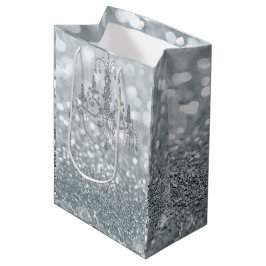 Bolsa De Regalo Mediana Araña Glamour con Brillo Plateado Blanco y Efecto 