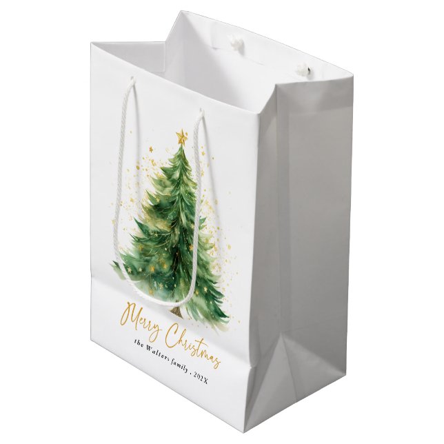 Bolsa De Regalo Mediana Árbol de Navidad acuarela moderna no foto (Angulo Anverso)