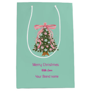 Bolsa De Regalo Mediana Árbol de Navidad con lazo rosa Nombre del negocio