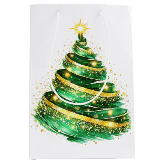 Bolsa De Regalo Mediana Árbol de Navidad con remolino de oro verde esmeral