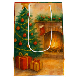 Bolsa De Regalo Mediana Árbol de Navidad en acuarela y chimenea acogedora 
