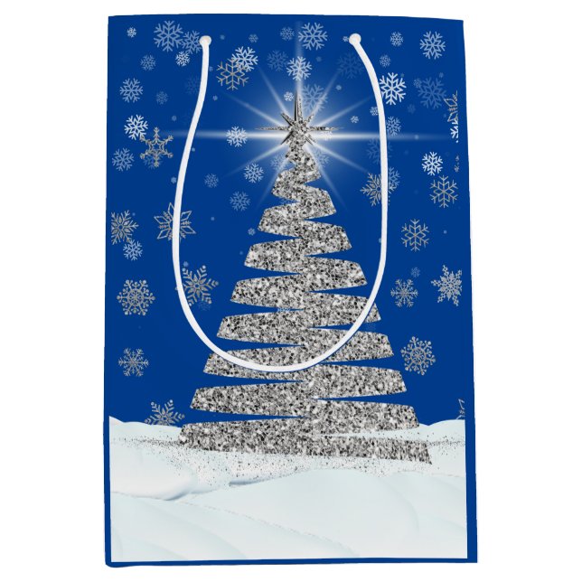 Bolsa De Regalo Mediana Árbol de Navidad Purpurina plateado sobre azul (Anverso)