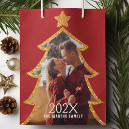 Bolsa De Regalo Mediana Árbol de Navidad Rojo Brillante Foto Personalizada