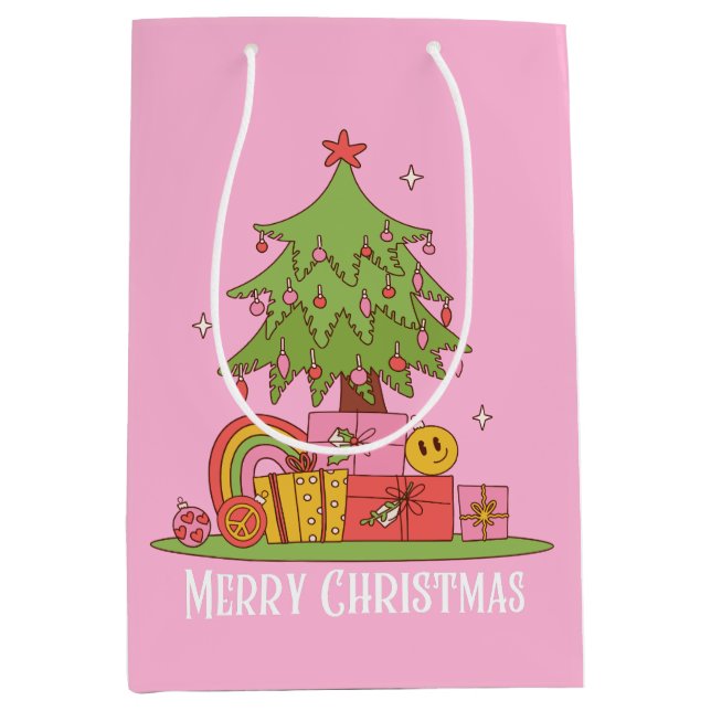 Bolsa De Regalo Mediana Árbol de Navidad Rosa Retro (Anverso)
