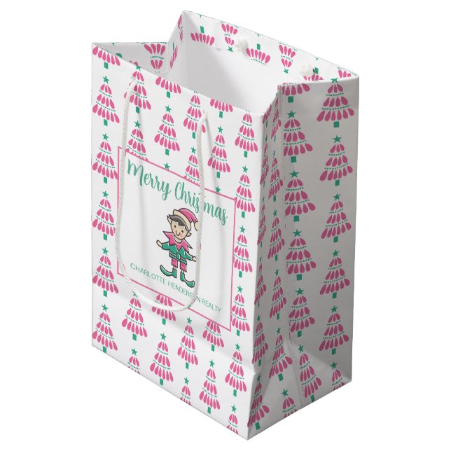 Bolsa De Regalo Mediana Árbol de navidad rosa y verde (Angulo Anverso)