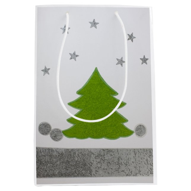 Bolsa De Regalo Mediana Árbol de Navidad verde sobre la nieve y las estrel (Anverso)