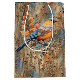 Bolsa De Regalo Mediana Árboles altos, hojas otoñales y aves azules.