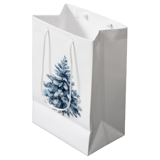 Bolsa De Regalo Mediana Árboles de Navidad blancos azules (Angulo Anverso)