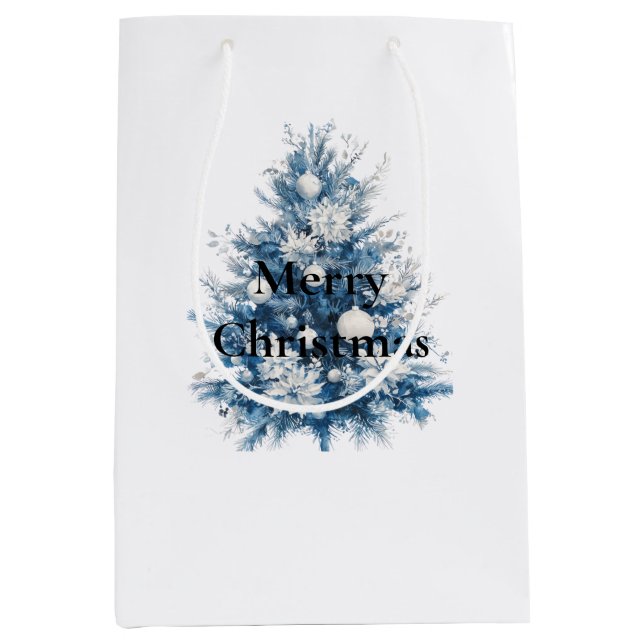 Bolsa De Regalo Mediana Árboles de Navidad blancos azules (Anverso)