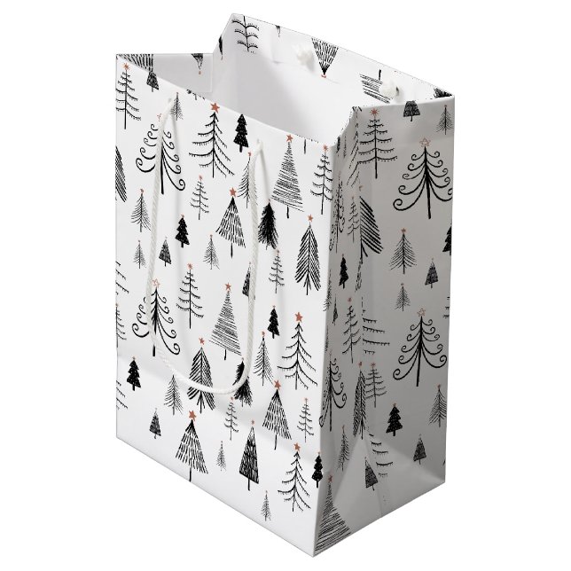 Bolsa De Regalo Mediana Árboles de Navidad blancos y negros (Angulo Anverso)