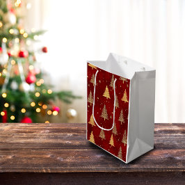 Bolsa De Regalo Mediana Árboles navideños de oro festivo en rojo