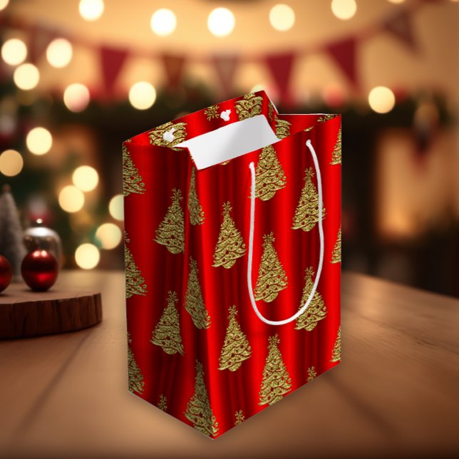 Bolsa De Regalo Mediana Árboles navideños de oro festivo en rojo (Subido por el creador)