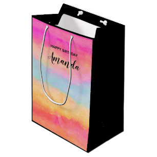 Bolsa De Regalo Mediana Arcoiris amarillo rosado Abstract Stripes Cumpleañ