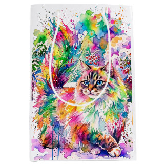 Bolsa De Regalo Mediana Arcoíris Caprichoso Gato Esponjoso Acuarela de Inv